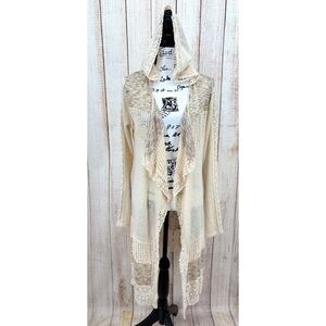 Miss Me Hooded Cardigan Duster Large Cream Lace Crochet Trim Open Front Boho